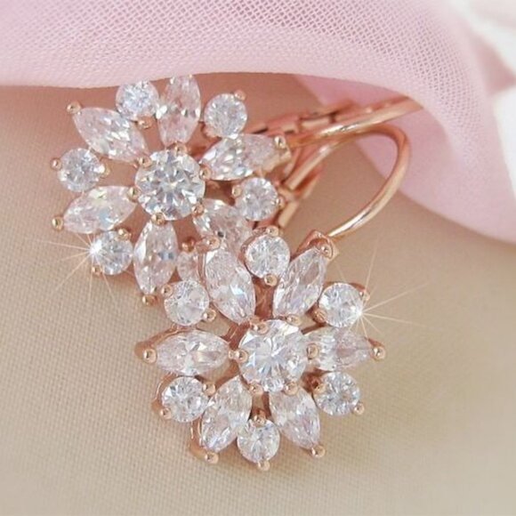 Rose Gold Diamond CZ Leverback Earrings Elegant Floral Cluster Design - Picture 1 of 6